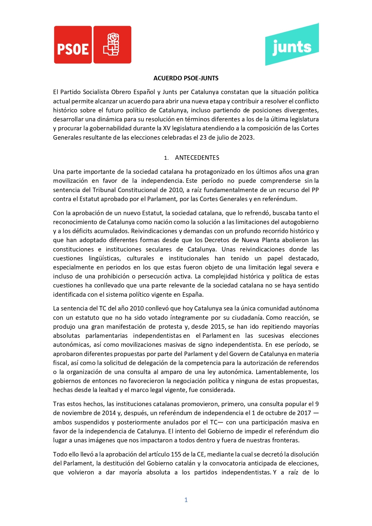 Consulte aquí el acuerdo completo del PSOE y Junts sobre la amnistía ...