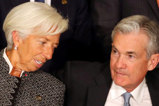 Christine Lagarde, presidenta del BCE, y Jerome Powell, presidente de la Fed.