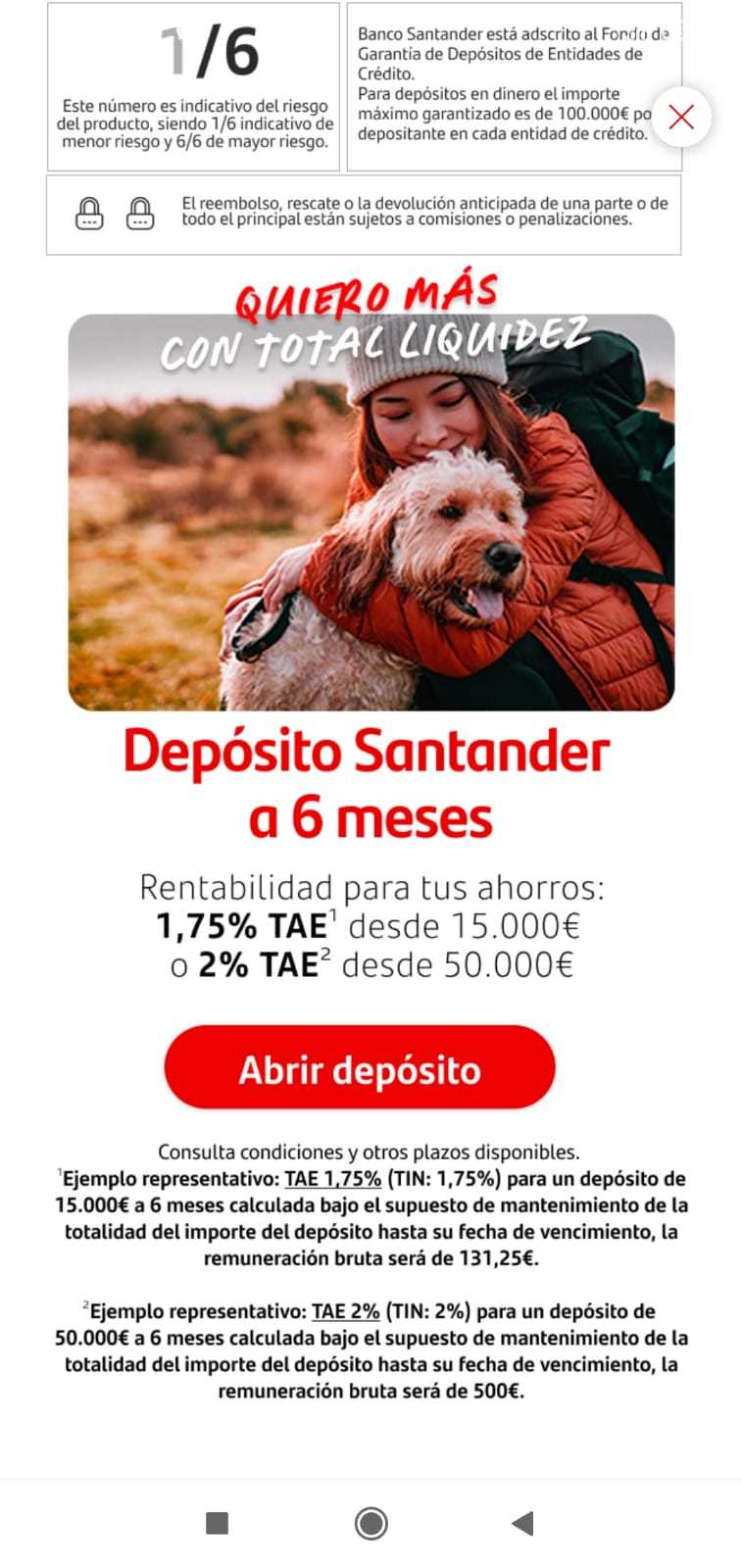 Oferta publicitaria del depósito comercializado por Santander.