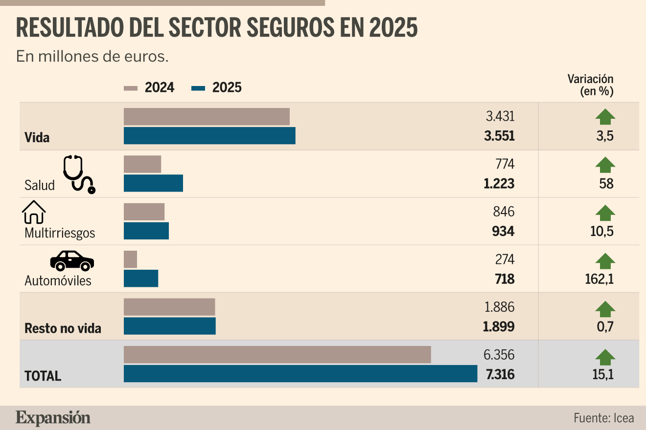 Las aseguradoras ganan un récord de 7.316 millones en 2025 | Seguros