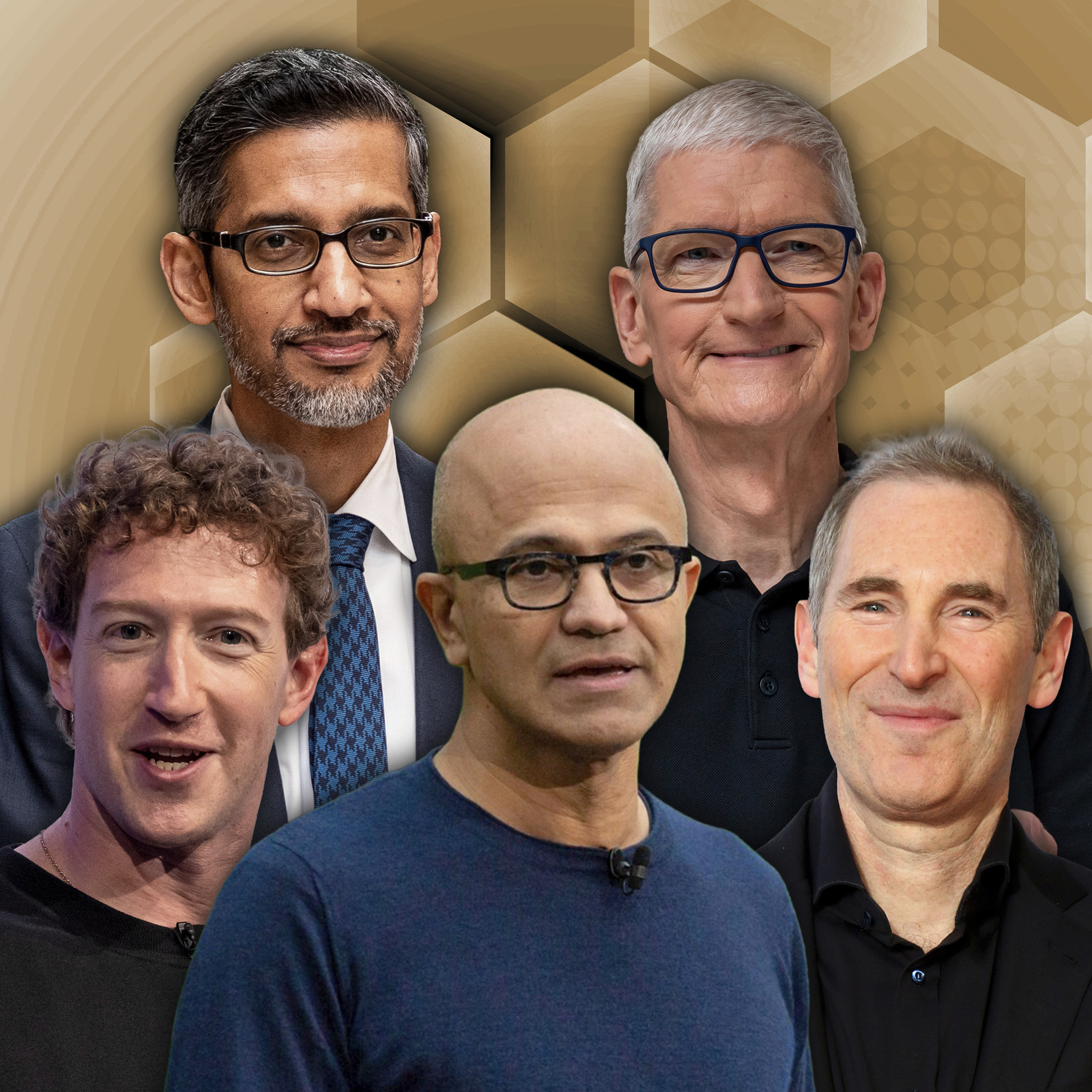 Sundar Pichai, CEO de Google; Tim Cook, CEO de Apple; Mark Zuckerberg, CEO de Meta; Satya Nadella, CEO de Microsoft, y Andy Jassy, CEO de Amazon.