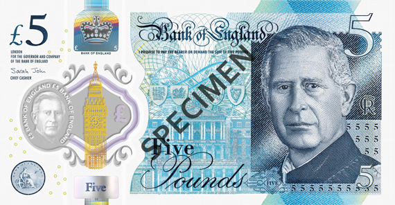 Nuevos billetes de cinco libras con la imagen del rey Carlos III