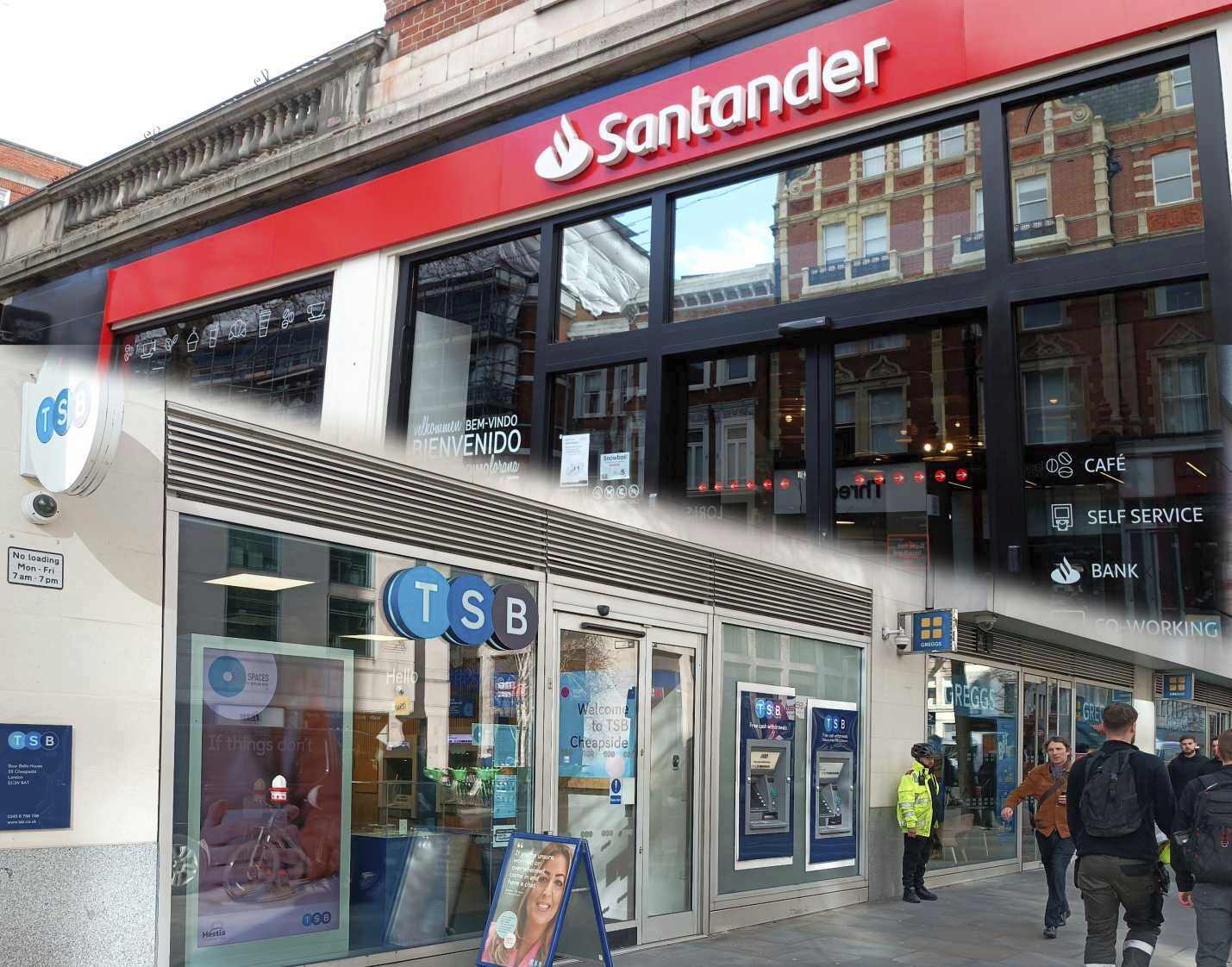 Fotomontaje con una oficina de Santander UK y otra de TSB.