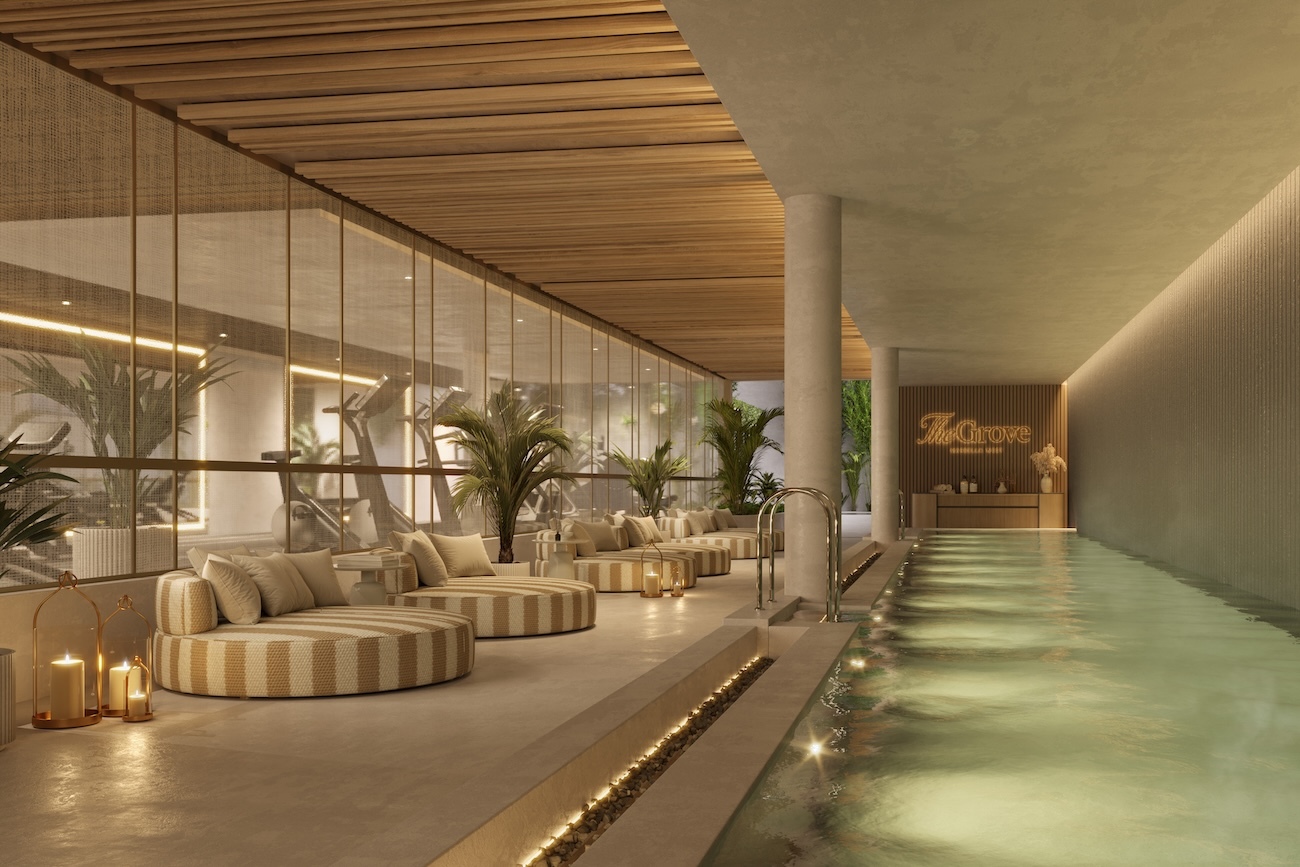 The Grove tiene un Wellness Hub con sauna, baño de vapor, cold plunge y piscina interior de nado.