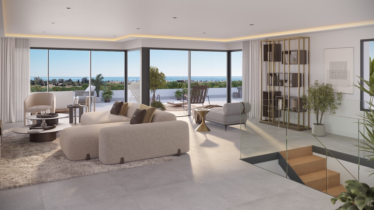Los salones siguen el principio light first, con la luz natural como protagonista, ventilación cruzada y una paleta mediterránea de tonos arena, piedra y madera.