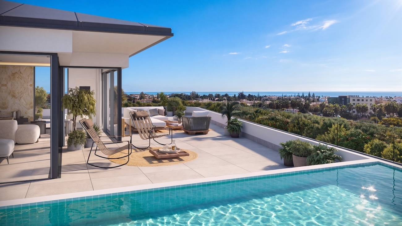 La promoción se organiza en tres tipologías: las Signature Residences (de uno a tres dormitorios, con terrazas de gran tamaño), las Iconic Residences (viviendas en esquina de una sola planta con piscina privada integrada) y las Sky Villas (áticos dúplex con solárium y piscina).