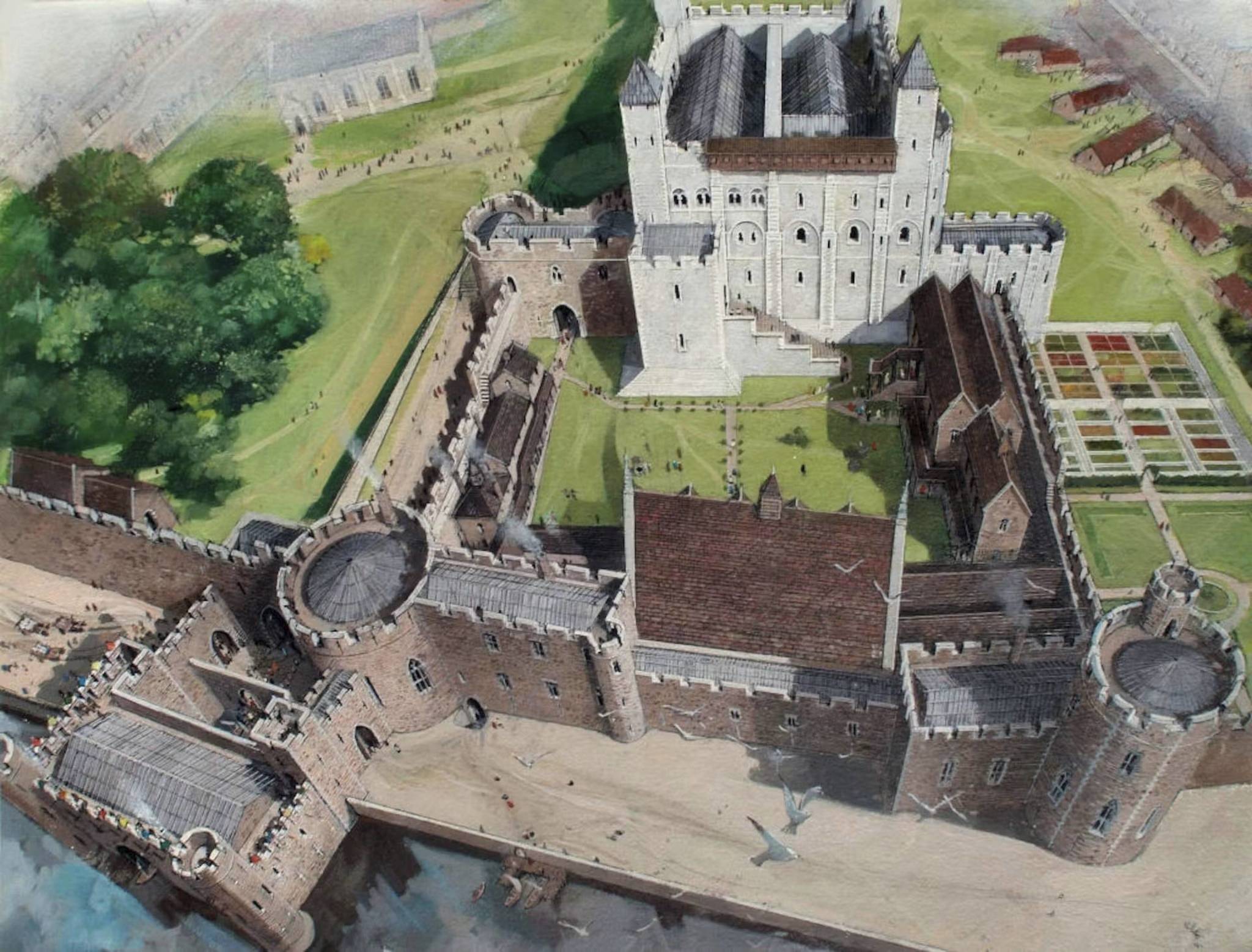 Ilustración del aspecto de la Torre de Londres, ya en crecimiento, hacia 1300.