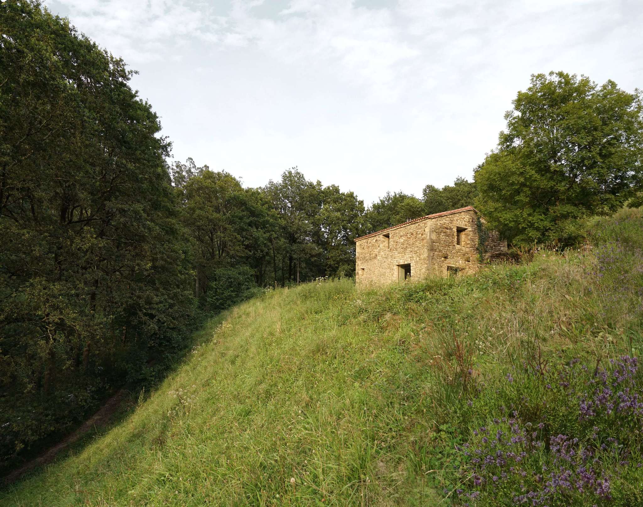 El proyecto de Estudio Mínima permite que la memoria del lugar permanezca legible, como se aprecia en esta imagen de la casa integrada en el paisaje.