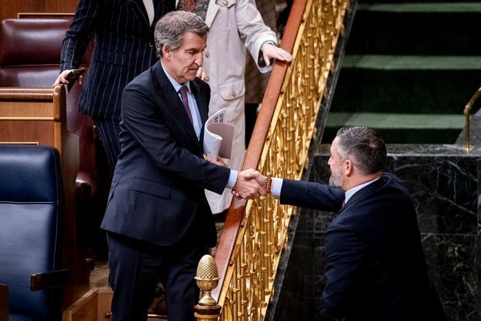 El presidente del PP, Alberto N��ez Feij�o, saluda al l�der de Vox, Santiago Abascal, en el Congreso.